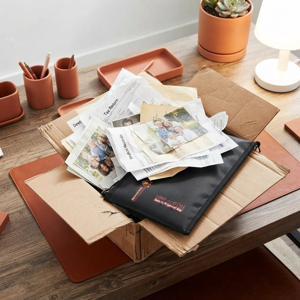 A stack of loose paper documents and photographs in a cardboard box on a desk, with a protective document bag nearby.