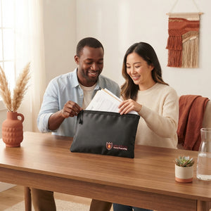 A couple confidently organizing important documents into a fireproof and waterproof document bag on a modern desk.