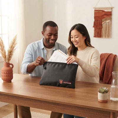 A couple confidently organizing important documents into a fireproof and waterproof document bag on a modern desk.