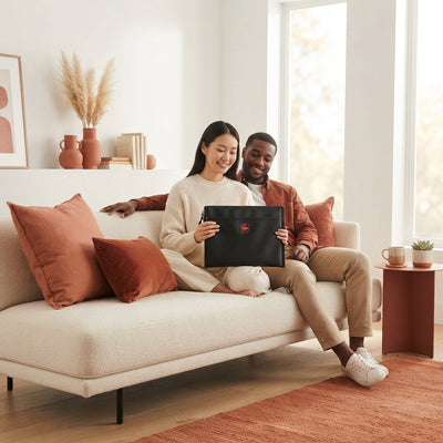 A diverse couple smiling while holding a fireproof and waterproof document bag in a modern, sunlit living room.