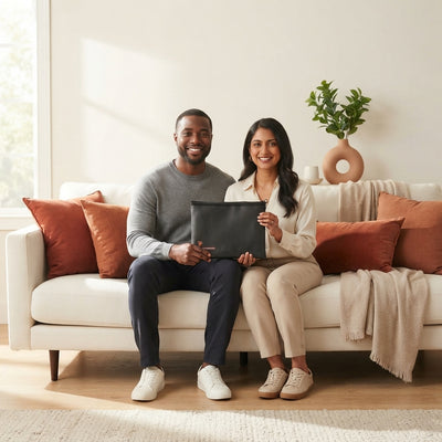 A diverse couple holding a fireproof document bag in a bright modern living room with warm terracotta accents.