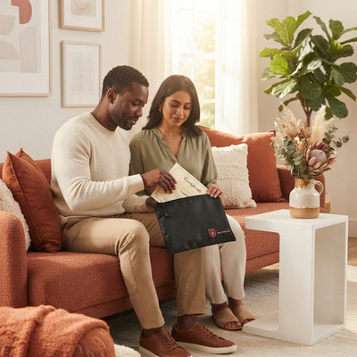 A diverse couple sitting on a terracotta sofa putting documents into a fireproof and waterproof bag in a bright, modern livin