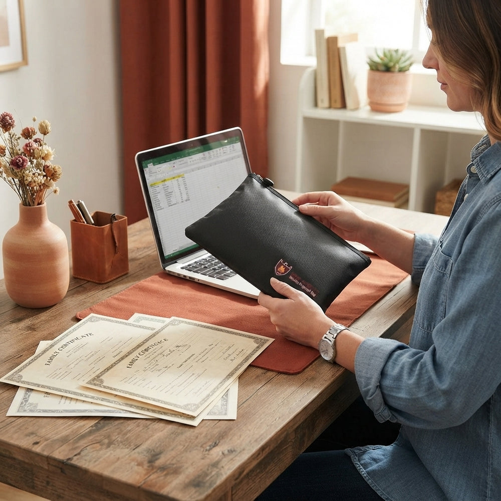 A person organizing vital documents into a fireproof and waterproof Element Proof Document Bag on a wooden home office desk.